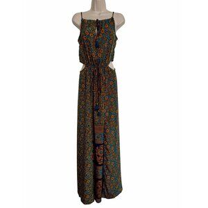 Raga Sleeveless Tie Neck Maxi Print Dress Side Cut Outs Elastic Waist Size Small